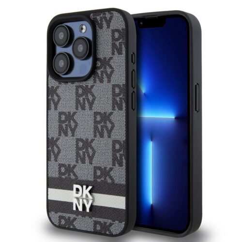 DKNY PU Leather Checkered Pattern and Stripe Zadní Kryt pro iPhone 14 Pro Black DKHCP14LPCPTSSK