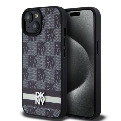 DKNY PU Leather Checkered Pattern and Stripe Zadní Kryt pro iPhone 15 Black DKHCP15SPCPTSSK