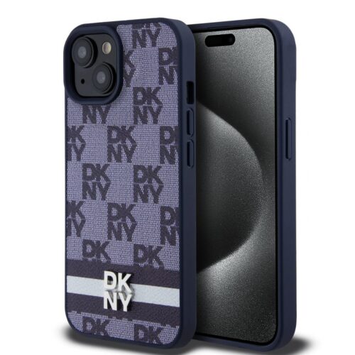 DKNY PU Leather Checkered Pattern and Stripe Zadní Kryt pro iPhone 15 Blue DKHCP15SPCPTSSB