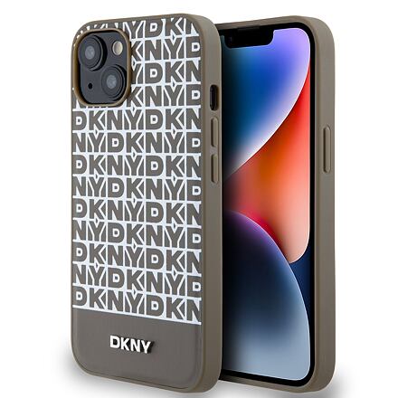 DKNY PU Leather Repeat Pattern Bottom Stripe MagSafe Zadní Kryt pro iPhone 15 Brown DKHMP15SPSOSPW