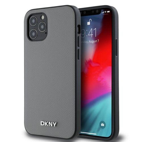 DKNY PU Leather Silver Metal Logo Magsafe Zadní Kryt pro iPhone 12/12 Pro Grey DKHMP12MPGHLMS
