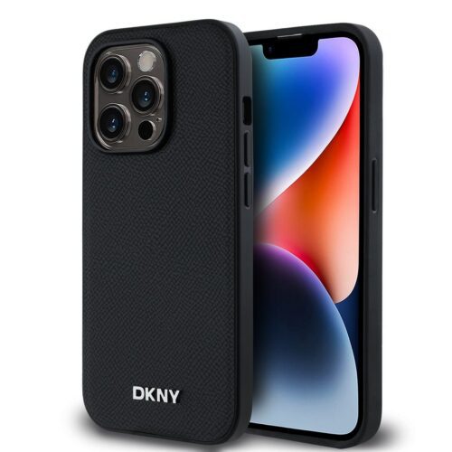 DKNY PU Leather Silver Metal Logo Magsafe Zadní Kryt pro iPhone 14 Pro Black DKHMP14LPGHLMK