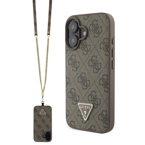 Guess PU 4G Strass Triangle Metal Logo Zadní Kryt + Crossbody Popruh pro iPhone 16 Brown GUHCP16SP4TDSCPW