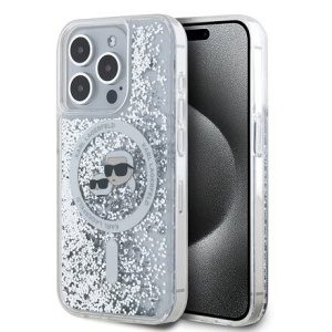 Karl Lagerfeld Liquid Glitter Karl and Choupette Heads MagSafe Zadní Kryt pro iPhone 15 Pro Transpar KLHMP15LLGKCSGH