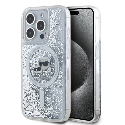 Karl Lagerfeld Liquid Glitter Karl and Choupette Heads MagSafe Zadní Kryt pro iPhone 15 Pro Transpar KLHMP15LLGKCSGH