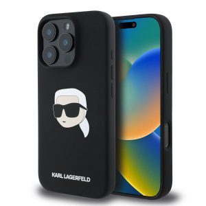 Karl Lagerfeld Liquid Silicone Karl Head MagSafe Zadní Kryt pro iPhone 16 Pro Black KLHMP16LSKHPPLK