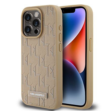 Karl Lagerfeld PU Leather Monogram Metal Logo MagSafe Zadní Kryt pro iPhone 14 Pro Max Beige KLHMP14XPKHPORPE