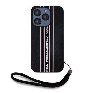 Karl Lagerfeld PU Saffiano Athleisure Stripe and Strap Zadní Kryt pro iPhone 15 Pro Max Pink KLHCP15XPAMSCNSP