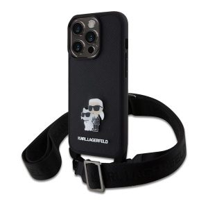 Karl Lagerfeld Saffiano Crossbody Popruh Metal Karl and Choupette Zadní Kryt pro iPhone 15 Pro Black KLHCP15LSAKCPBK