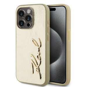 Karl Lagerfeld Wrinkled PU Signature Logo Zadní Kryt pro iPhone 15 Pro Max Gold KLHCP15XPFMFBKMD