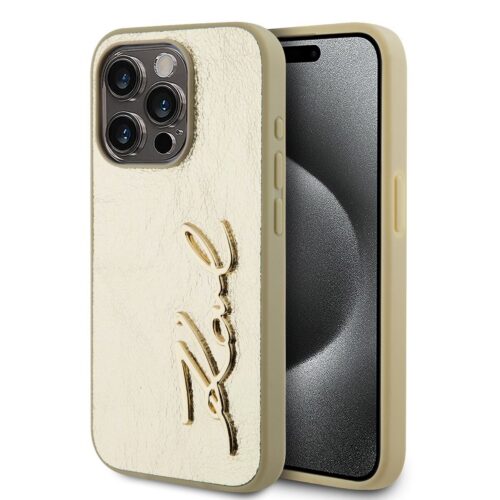 Karl Lagerfeld Wrinkled PU Signature Logo Zadní Kryt pro iPhone 15 Pro Max Gold KLHCP15XPFMFBKMD