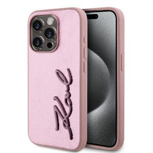 Karl Lagerfeld Wrinkled PU Signature Logo Zadní Kryt pro iPhone 15 Pro Max Pink KLHCP15XPFMFBKMP