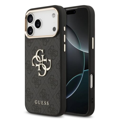 Guess PU Leather 4G Metal Logo Gold Frame Zadní Kryt pro iPhone 17 Pro Max Black GUHCP17X4GMGCGR