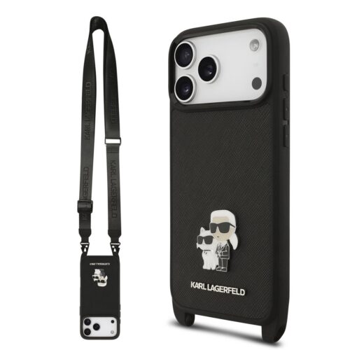 Karl Lagerfeld Saffiano Crossbody Popruh Metal Karl and Choupette Zadní Kryt pro iPhone 17 Pro Black KLHCP17LSAKCPBK