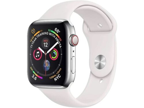 Apple Watch Series 4 40mm Cellular (Stav A) Stříbrná nerezová ocel s bílým sportovním řemínkem MRGE3QC/A