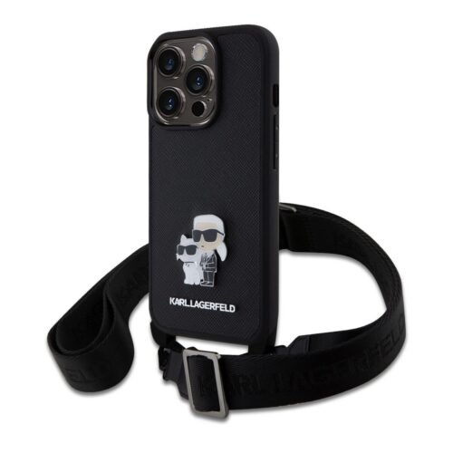 Karl Lagerfeld Saffiano Crossbody Popruh Metal Karl and Choupette Zadní Kryt pro iPhone 15 Pro Black KLHCP15LSAKCPBK