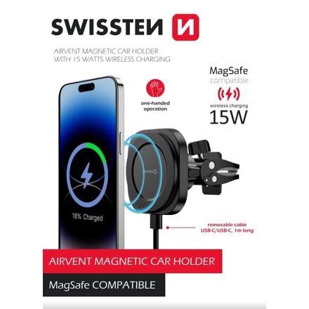 MAGNETICKÝ DRŽÁK DO VENTILACE AUTA SWISSTEN MAGSTICK COMPACT S BEZDRÁTOVÝM NABÍJENÍM 15W/7