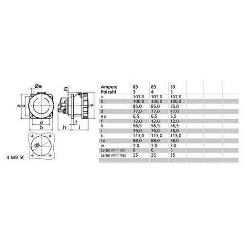 Zásuvka vestavná 63A/5p/400V IP67 - Obrázek 2