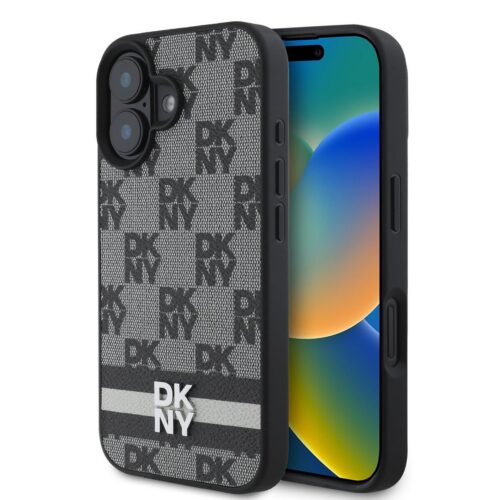 DKNY PU Leather Checkered Pattern and Stripe Zadní Kryt pro iPhone 16 Black DKHCP16SPCPTSSK