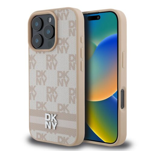 DKNY PU Leather Checkered Pattern and Stripe Zadní Kryt pro iPhone 16 Pro Pink DKHCP16LPCPTSSP