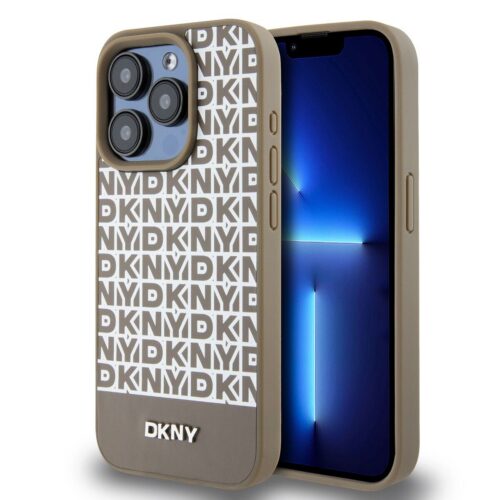 DKNY PU Leather Repeat Pattern Bottom Stripe MagSafe Zadní Kryt pro iPhone 13 Pro Max Brown DKHMP13XPSOSPW