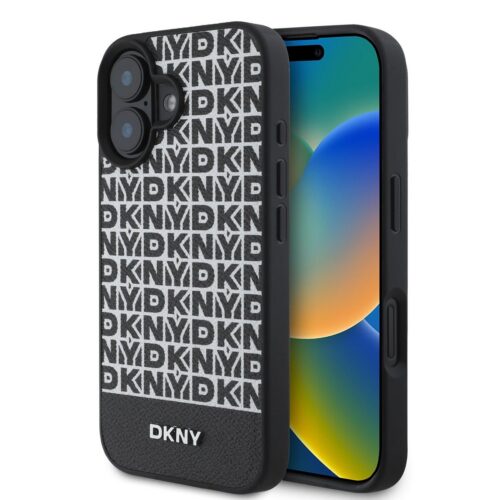 DKNY PU Leather Repeat Pattern Bottom Stripe MagSafe Zadní Kryt pro iPhone 16 Plus Black DKHMP16MPSOSPK