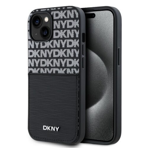 DKNY PU Leather Repeat Pattern Card Pocket Zadní Kryt pro iPhone 15 Black DKHCP15SPCRTHLK