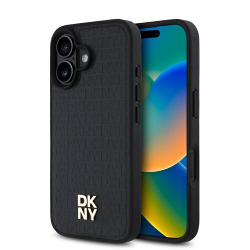 DKNY PU Leather Repeat Pattern Stack Logo MagSafe Zadní Kryt pro iPhone 16 Black DKHMP16SPSHRPSK