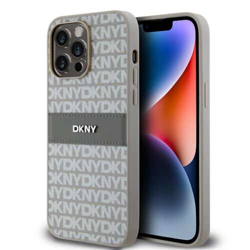 DKNY PU Leather Repeat Pattern Tonal Stripe Zadní Kryt pro iPhone 14 Pro Beige DKHCP14LPRTHSLE