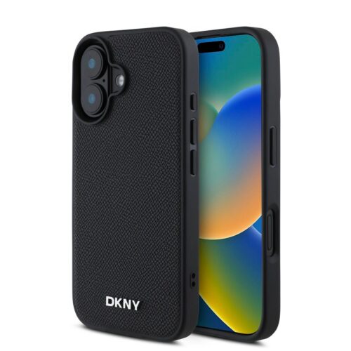 DKNY PU Leather Silver Metal Logo Magsafe Zadní Kryt pro iPhone 16 Plus Black DKHMP16MPGHLMK