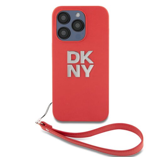 DKNY PU Leather Stack Logo Wrist Strap Zadní Kryt pro iPhone 14 Pro Red DKHCP14LPBSWSP
