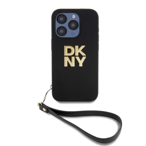 DKNY PU Leather Stack Logo Wrist Strap Zadní Kryt pro iPhone 15 Pro Black DKHCP15LPBSWSK