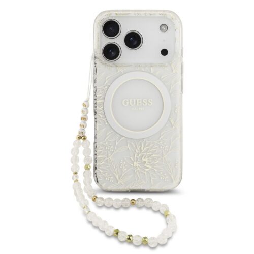 Guess IML Flowers Allover Strap MagSafe Zadní Kryt pro iPhone 17 Pro White GUHMP17LHCPOFPH
