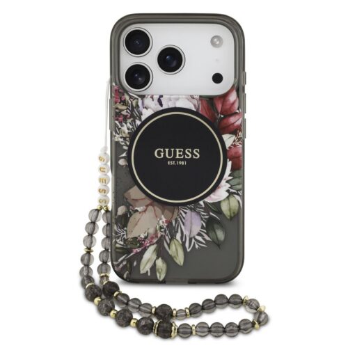 Guess IML Flowers Strap MagSafe Zadní Kryt pro iPhone 17 Pro Black GUHMP17LHFWBRCESK