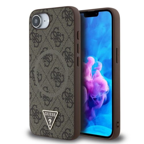 Guess PU 4G Strass Triangle Metal Logo MagSafe Zadní Kryt pro iPhone 16e/17e Brown GUHMPSE4P4TDPW