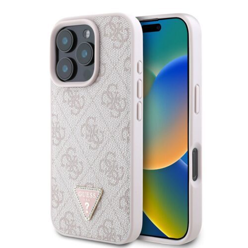 Guess PU 4G Strass Triangle Metal Logo Zadní Kryt pro iPhone 16 Pro Max Pink GUHCP16XP4TDPP