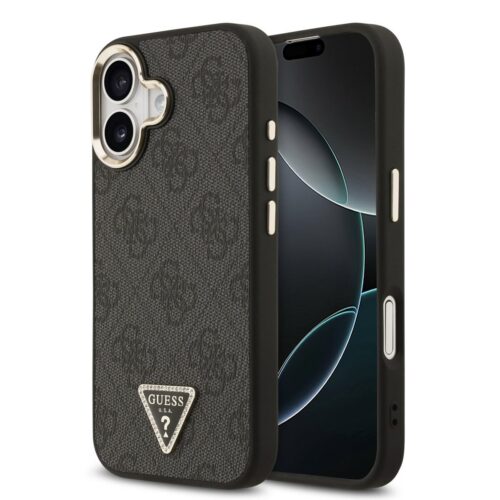 Guess PU Leather 4G Strass Triangle Logo Gold Frame MagSafe Zadní Kryt pro iPhone 17 Black GUHMP17SP4GTDGMK