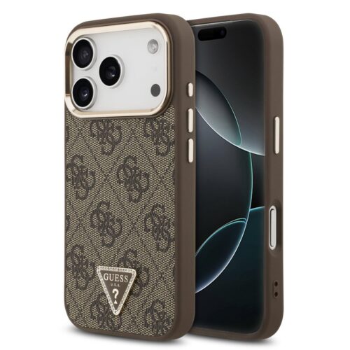 Guess PU Leather 4G Strass Triangle Logo Gold Frame MagSafe Zadní Kryt pro iPhone 17 Pro Brown GUHMP17LP4GTDGMW