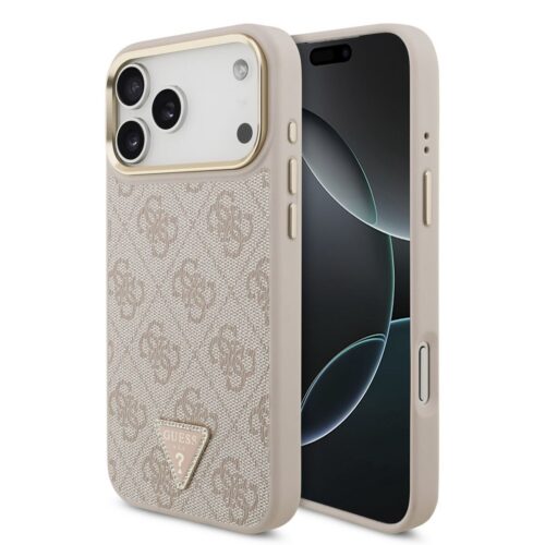 Guess PU Leather 4G Strass Triangle Logo Gold Frame MagSafe Zadní Kryt pro iPhone 17 Pro Max Pink GUHMP17XP4GTDGMP