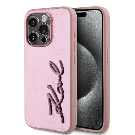 Karl Lagerfeld Wrinkled PU Signature Logo Zadní Kryt pro iPhone 15 Pro Max Pink KLHCP15XPFMFBKMP