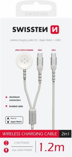 SWISSTEN OPLETENÝ MAGNETICKÝ KABEL 2v1 PRO APPLE WATCH A USB-C