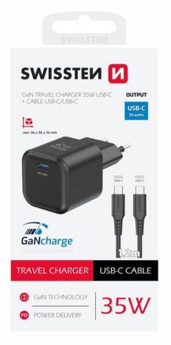 SWISSTEN SÍŤOVÝ ADAPTÉR GaN 1x USB-C 35W POWER DELIVERY ČERNÝ + DATOVÝ KABEL USB-C/USB-C 1