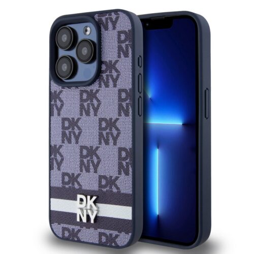 DKNY PU Leather Checkered Pattern and Stripe Zadní Kryt pro iPhone 15 Pro Blue DKHCP15LPCPTSSB
