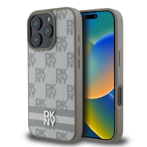 DKNY PU Leather Checkered Pattern and Stripe Zadní Kryt pro iPhone 16 Pro Beige DKHCP16LPCPTSSE