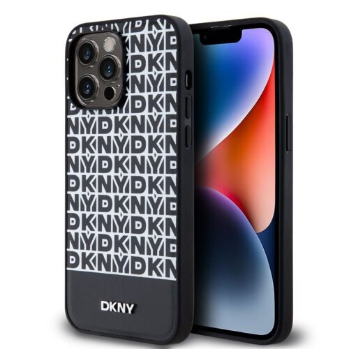 DKNY PU Leather Repeat Pattern Bottom Stripe MagSafe Zadní Kryt pro iPhone 15 Pro Max Black DKHMP15XPSOSPK