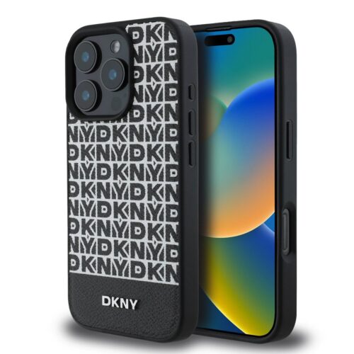 DKNY PU Leather Repeat Pattern Bottom Stripe MagSafe Zadní Kryt pro iPhone 16 Pro Max Black DKHMP16XPSOSPK