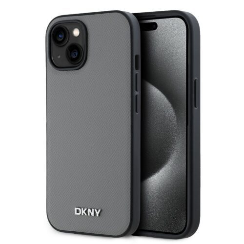 DKNY PU Leather Silver Metal Logo Magsafe Zadní Kryt pro iPhone 13 Grey DKHMP13MPGHLMS