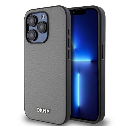 DKNY PU Leather Silver Metal Logo Magsafe Zadní Kryt pro iPhone 15 Pro Grey DKHMP15LPGHLMS