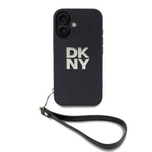 DKNY PU Leather Stack Logo Wrist Strap Zadní Kryt pro iPhone 16 Black DKHCP16SPBSWSK