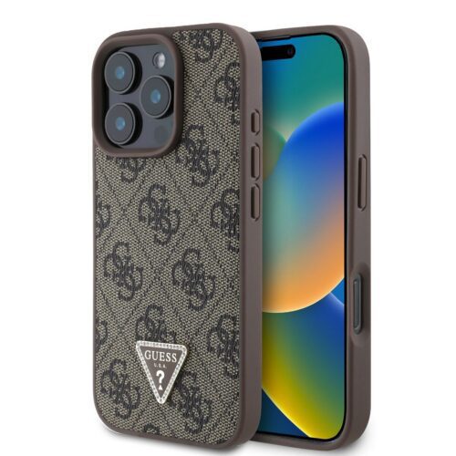 Guess PU 4G Strass Triangle Metal Logo Zadní Kryt pro iPhone 16 Pro Brown GUHCP16LP4TDPW